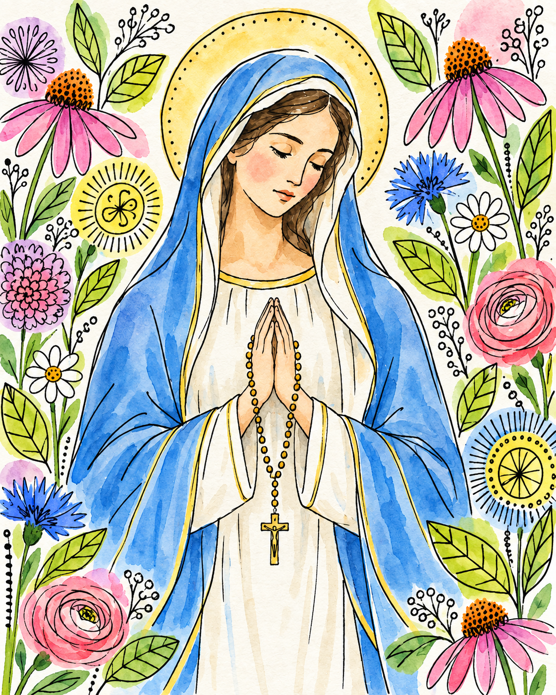 A joyful ink-and-watercolor illustration of the Blessed Virgin Mary praying with a rosary among bright hand-drawn wildflowers