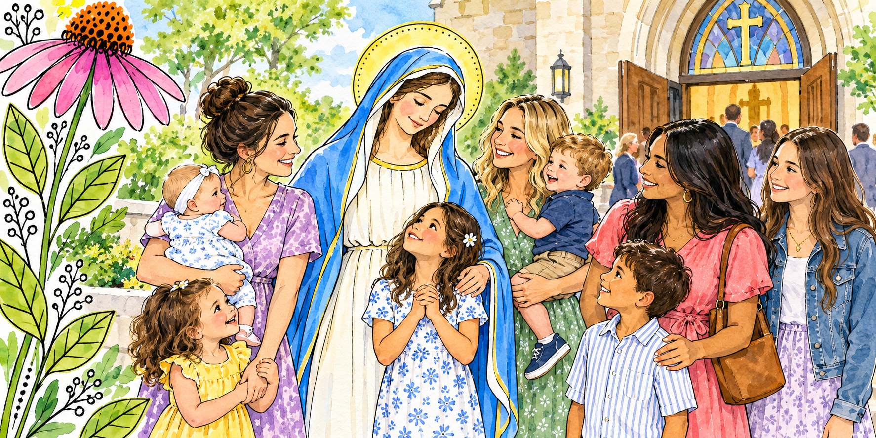 An ink-and-watercolor illustration of the Blessed Virgin Mary with a diverse group of mothers and children gathered outside a Catholic church
